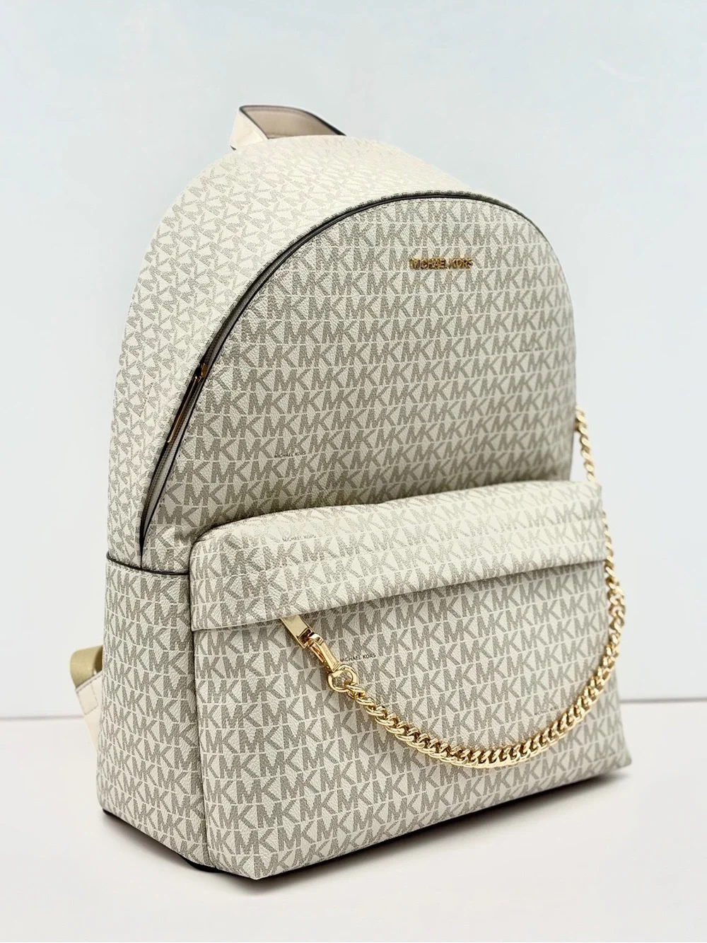 Michael Kors Cream MK Monogram Large Backpack with Gold Chain Accent